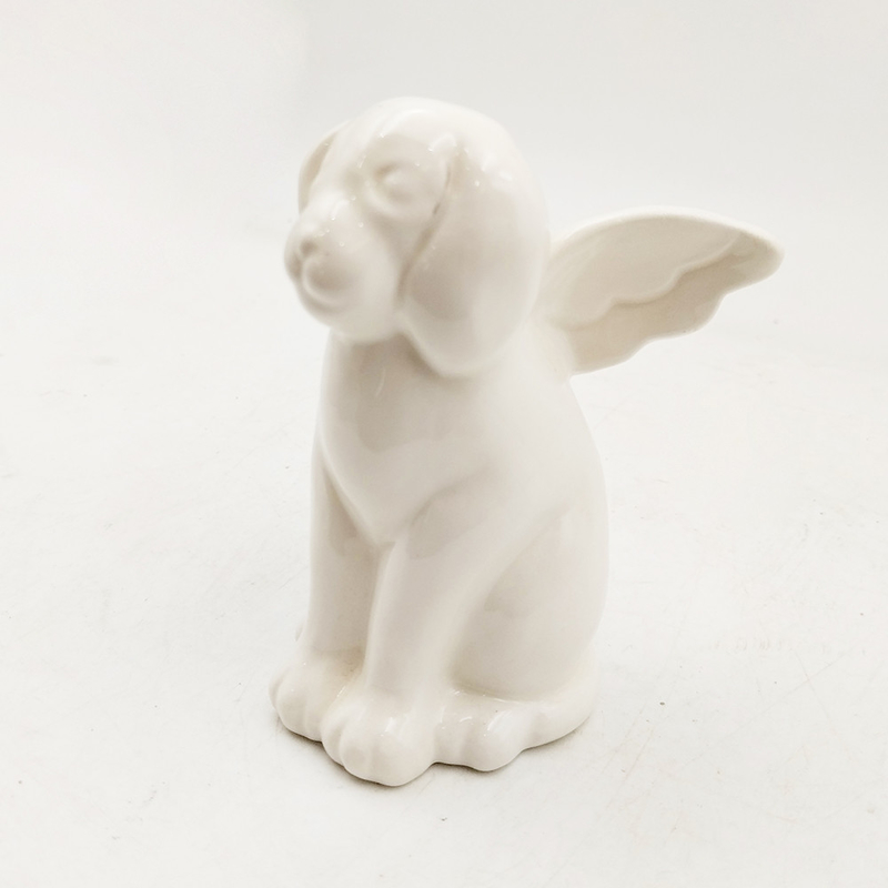 Animales cerámicos vidriados Perro creativo blanco con alas Figura pintada a mano Colección Perro amante regalo Decoración de jardín en el hogar