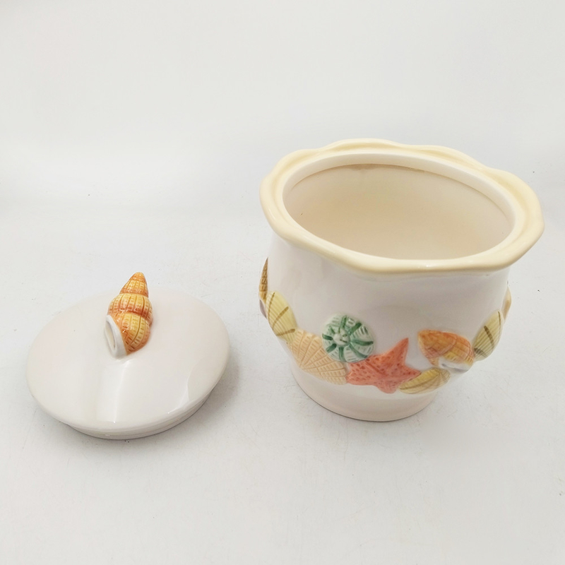 Jar de almacenamiento de cerámica con tapa cerámica con conchas de mar y porcelana tazón de azúcar color personalizado