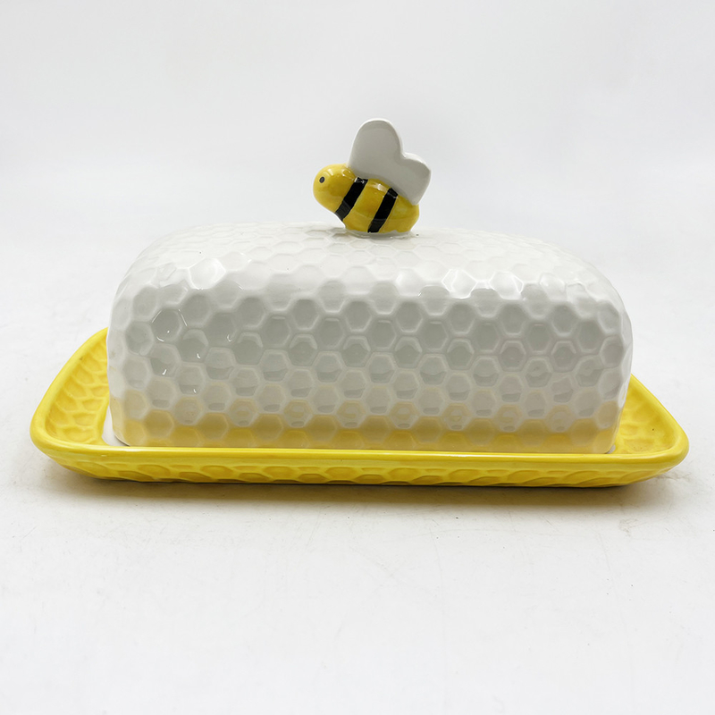Colorido porta mantequilla de porcelana plato de mantequilla con tapa placa blanca con cubierta de abeja bandeja cerámica color personalizado