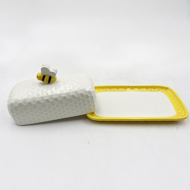Colorido porta mantequilla de porcelana plato de mantequilla con tapa placa blanca con cubierta de abeja bandeja cerámica color personalizado