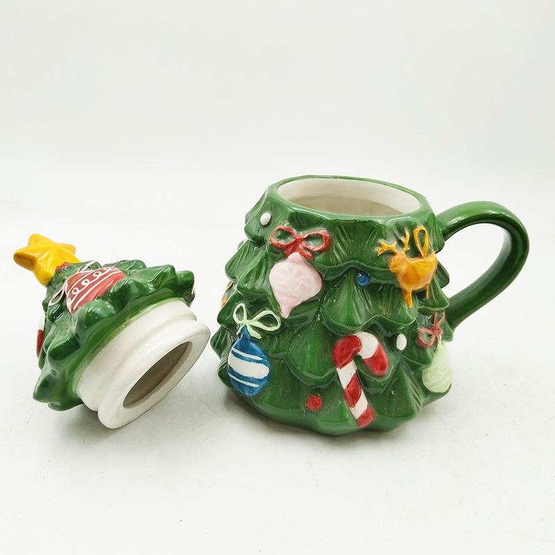 Taza de árbol de Navidad verde Taza de Navidad cerámica linda con tapa para regalos Decoración del hogar