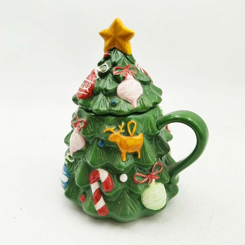 Taza de árbol de Navidad verde Taza de Navidad cerámica linda con tapa para regalos Decoración del hogar