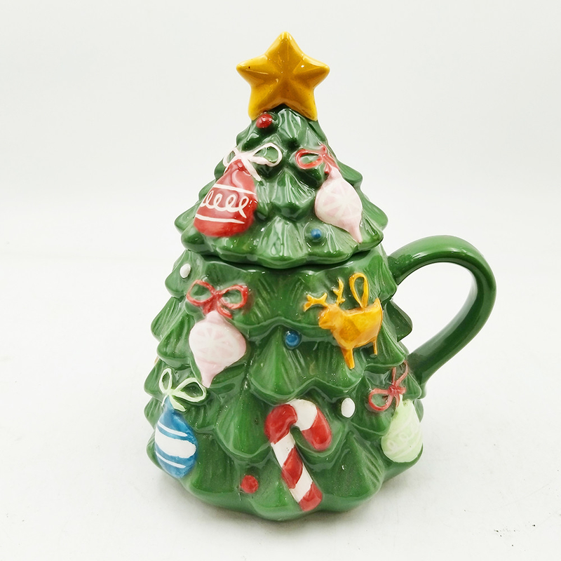 Taza de árbol de Navidad verde Taza de Navidad cerámica linda con tapa para regalos Decoración del hogar