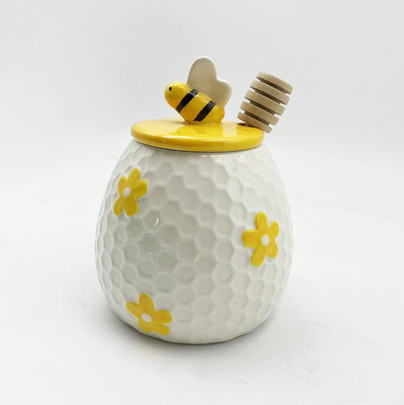Estilo de granja Embossed Bee Design Jar de miel de cerámica para decoración de cocina en el hogar