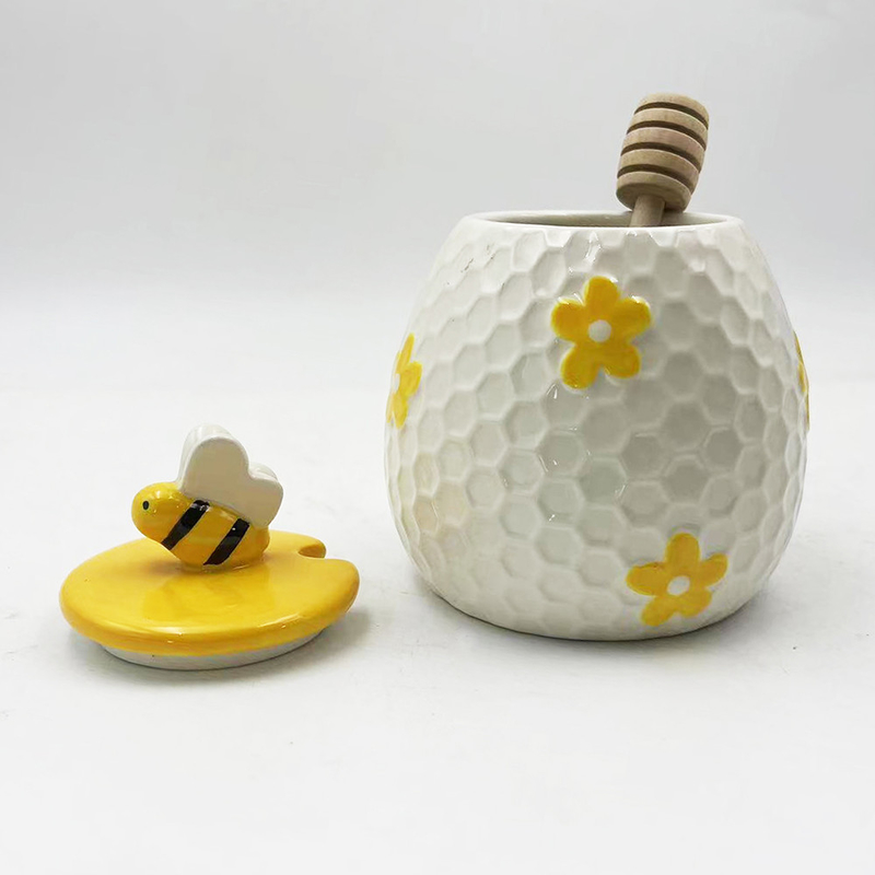 Estilo de granja Embossed Bee Design Jar de miel de cerámica para decoración de cocina en el hogar