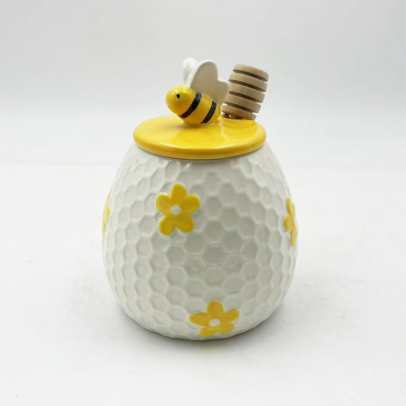 Estilo de granja Embossed Bee Design Jar de miel de cerámica para decoración de cocina en el hogar
