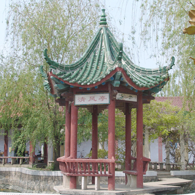Casa de té Pabellón de Madera Antigua con Tejado Manual de Baldosas Verdes Tradicionales Chinas para Espacio de Expansión Exterior en Parque Moderno y Patio