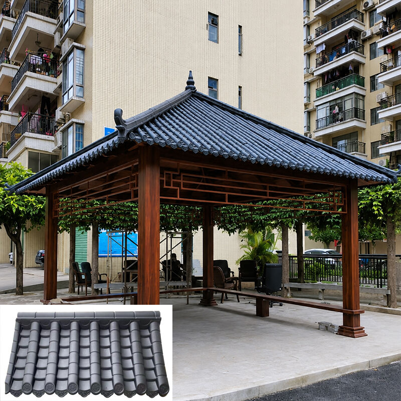 Diseño de techo tradicional chino Teja de plástico PP resistente a la intemperie Lámina de techo de fácil instalación para hoteles, parques, villas