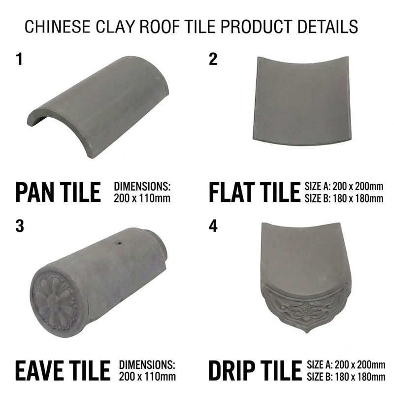Diseño de casas de estilo asiático Villa moderna China Sistema de techado gris natural Tejas de arcilla sin vidrio