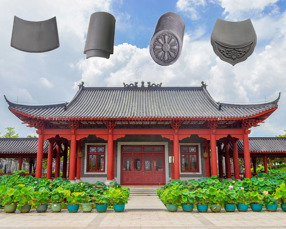 Sistema de tejas de arcilla gris tradicional china Tejas de terracota antiguas para templos, pagodas y restaurantes asiáticos