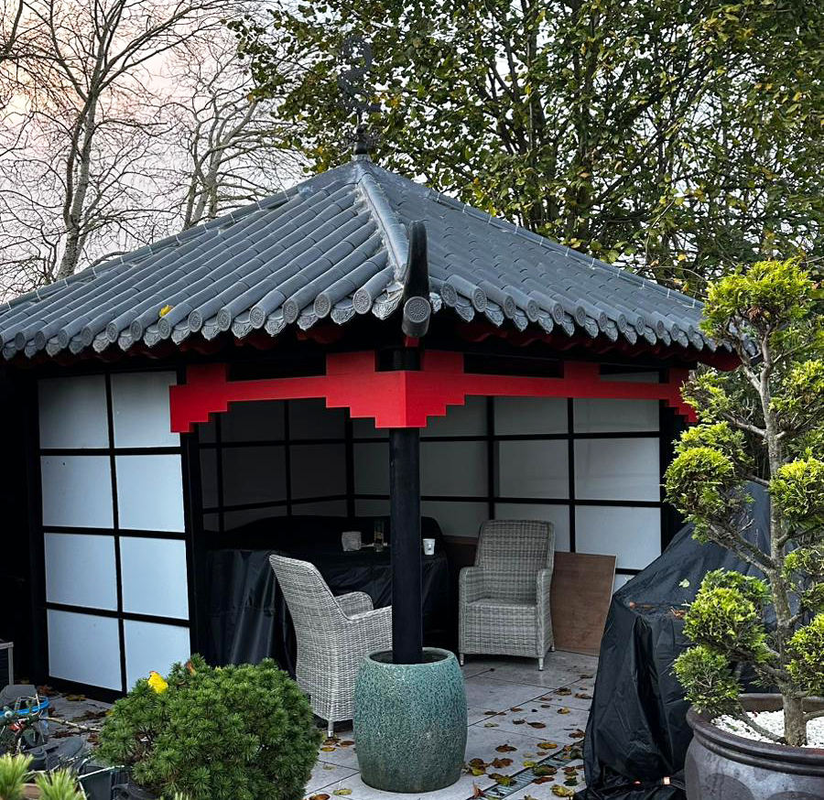 Palacio de la casa de té al aire libre de estilo japonés y chino Gazebo acogedor del patio con sistema de azulejos de techo de cadera y ventanas al revés